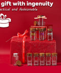 Glass Spice Jars Set 24 Pack Four Ounce Square Containers With Airtight Wood Lids arranged on red gift boxes