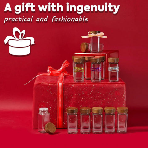 Glass Spice Jars Set 24 Pack Four Ounce Square Containers With Airtight Wood Lids arranged on red gift boxes