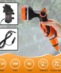 Hand holding Portable 120W 12V Electric Pressure Washer Pump With 80 PSI Output And 10 Jet Nozzles, orange and black design.
