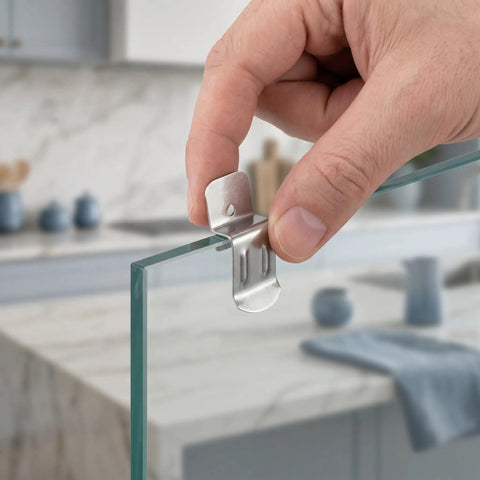 Hand securing stainless steel clip to glass, showcasing Stainless Steel Clips With Elastic Adjustment For A Secure Mount And Tough Back Mount Brackets.