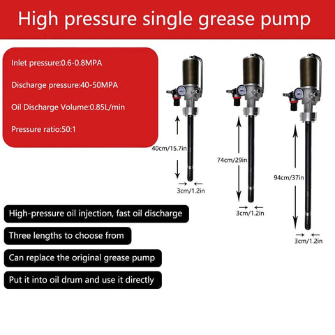 No Frills Heavy Duty Pneumatic Grease Pump For 5 Gallon Drums shows pressure specs, adjustable pole lengths, and oil discharge details.