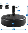 Round black 22L umbrella base stand with labeled dimensions, anti-slip bottom, built-in handle, and water/sand fill option