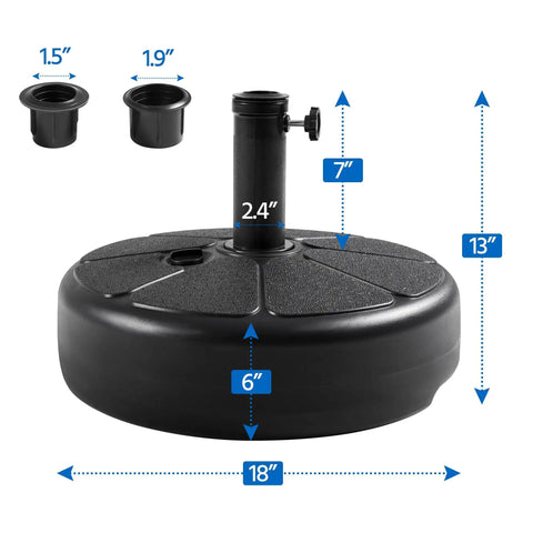Round black 22L umbrella base stand with labeled dimensions, anti-slip bottom, built-in handle, and water/sand fill option