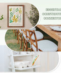 Collage with light wooden furniture, a botanical poster, outdoor seating, and a towel rack, highlighting essential construction connectors.