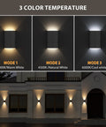 Hella Bright Solar Wall Light Outdoor Featuring Slick Up And Down Lighting showing three color modes on wall.