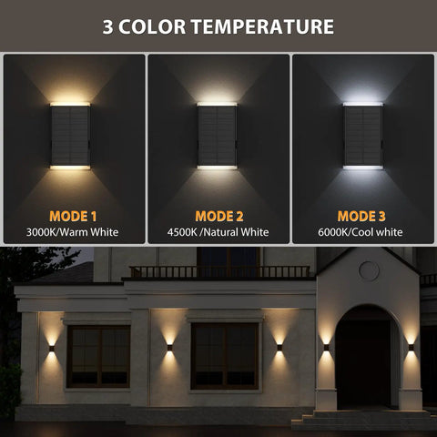 Hella Bright Solar Wall Light Outdoor Featuring Slick Up And Down Lighting showing three color modes on wall.
