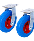 Set Of 2 Heavy Duty 8 Inch Swivel Caster Wheels Featuring Grippier Rubber Tires And Silky Smooth Ball Bearings 220 Lb Capacity Each 5 8 Inch Bore in blue.