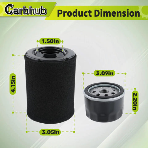Tough As Nails Air And Oil Filter No Sweat Swap Kit for MTD Troy Bilt Cub Cadet showing dimensions of filters in inches.