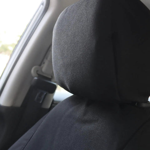 Close-up of Durable Canvas Front Seat Covers Set For Cars, SUVs, Trucks And Minivans, Heavy Duty Seat Protectors, Black