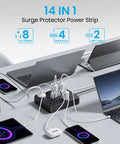 Heavy Duty Six Foot Flat Plug Extension Cord With Surge Protection Power Strip Featuring Eight AC Outlets And Six USB Ports To Keep Your Gadgets Fully Juiced Ditch The Clutter Set Yourself Up Right Straight Up on a desk with multiple devices.