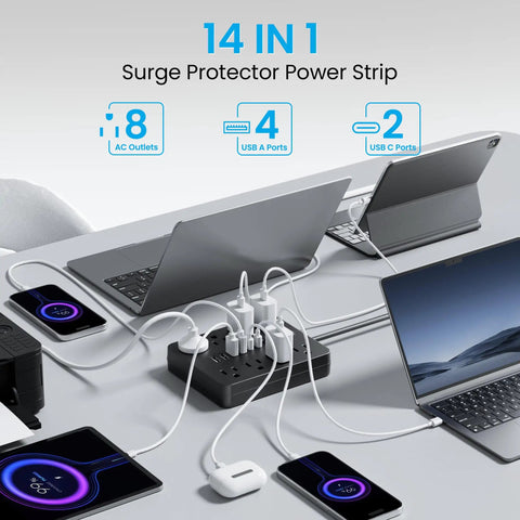 Heavy Duty Six Foot Flat Plug Extension Cord With Surge Protection Power Strip Featuring Eight AC Outlets And Six USB Ports To Keep Your Gadgets Fully Juiced Ditch The Clutter Set Yourself Up Right Straight Up on a desk with multiple devices.