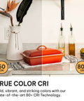 Comparison of 60 CRI vs 80+ CRI lighting on kitchen counter with red dish and decorative items, Vintage LED Edison Bulbs 60W Equivalent For Home Decor, E26 E27 Base, 2700K Soft White Dimmable ST58 Style Decorative Light Bulbs, Energy Saving 6 Pack For Warm Cozy Vibe
