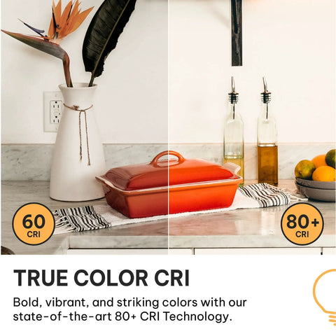 Comparison of 60 CRI vs 80+ CRI lighting on kitchen counter with red dish and decorative items, Vintage LED Edison Bulbs 60W Equivalent For Home Decor, E26 E27 Base, 2700K Soft White Dimmable ST58 Style Decorative Light Bulbs, Energy Saving 6 Pack For Warm Cozy Vibe