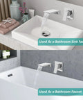 Wall Mount Bathroom Faucet With Waterfall Spout, Brass And Polished Chrome Finish, shown with sink and tub installation