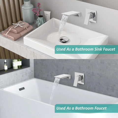 Wall Mount Bathroom Faucet With Waterfall Spout, Brass And Polished Chrome Finish, shown with sink and tub installation