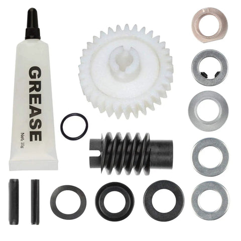 Gear And Sprocket Replacement Kit For Chamberlain Sears Craftsman One Third And One Half HP Chain Drive Garage Door Openers DIY Friendly Includes Worm Gear Bearings Sprocket Bearings Grease And Motor Shaft Components, showing gears and grease tube.
