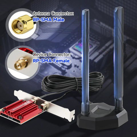Tri-Band WiFi 7 and 6E External Antenna With Magnetic Base for Gaming PCs and Routers, RP-SMA Connector, black color