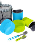 Two Person Camping Mess Kit With Insulated Mugs, Deep Dish Bowls, Folding Sporks, And Color Matched Utensils In Blue And Green