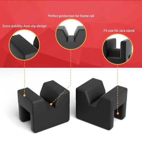 Seven Sparta four-pack car jack pad adapters, front view, black rubber blocks for universal jack stands, 3.0-ton.
