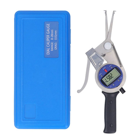 Horett Digital Dial Caliper 8 to 28mm Hole and Groove Depth Gauge with blue case and clear LCD display.