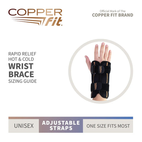 Unisex Fingerless Wrist Wrap With Ice Pack And Heat Therapy shown on hand; adjustable straps, one size fits most, black color.