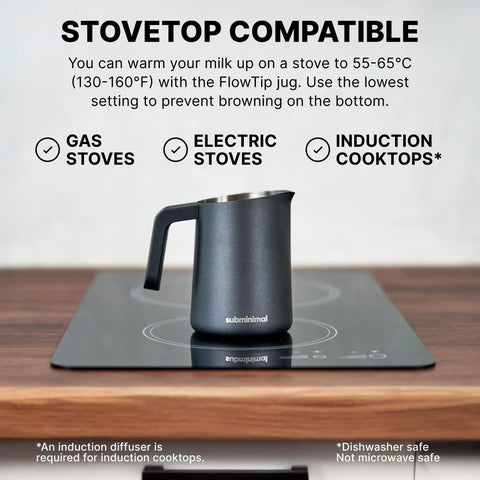 FlowTip Milk Jug For Barista Level Frothing At Home, Stovetop Foaming Pitcher With Precision Pour Spout And Heat Resistant Handle, 450ml Black on stove