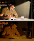 Comparison of Clip On Reading Light With 48 LED USB Desk Lamp and a standard lamp, highlighting brightness and eye protection.
