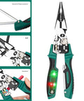 Heavy Duty Multifunction Wire Stripper And Electrical Crimper With Voltage Meter showcasing ergonomic rubber handles and multifunctional design.