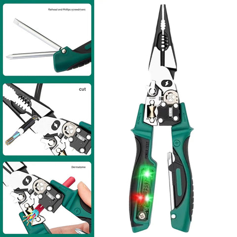 Heavy Duty Multifunction Wire Stripper And Electrical Crimper With Voltage Meter showcasing ergonomic rubber handles and multifunctional design.