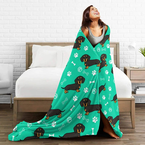 Hella Comfy Dachshund Throw Blanket For Kids Boys And Girls Ultra Soft Fuzzy Weenie Dog Breathable Couch Wrap Total Chill Gift 40 By 50 Inches All Season Rad Vibes on a joyful woman in a bedroom.