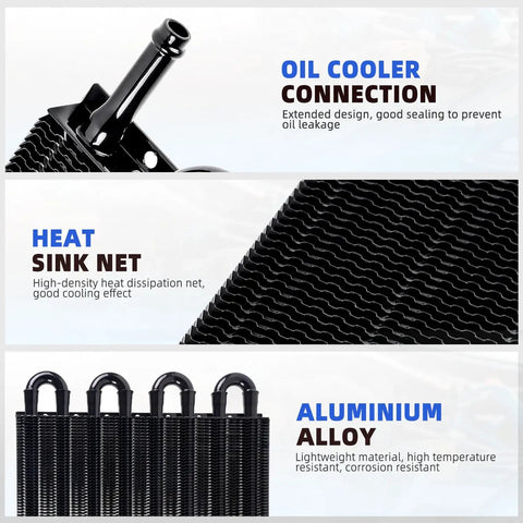 Close-up of Eight Row Transmission Cooler Kit showing oil cooler connection and heat sink net in aluminum alloy