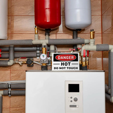 No Nonsense Aluminum Tent Warning Signs, Double Sided Heat Hazard Plates, 5 X 3.5 Inch sign on plumbing with indicators.