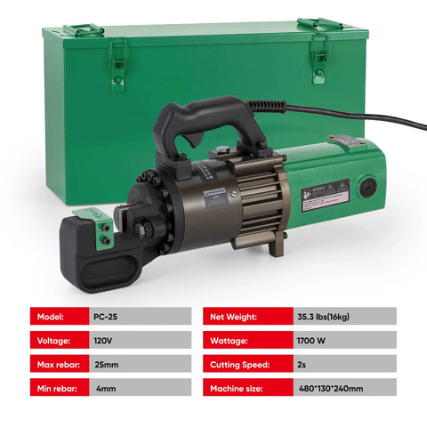 PEResQ 1 Inch Rebar Cutter Electric Hydraulic Steel Bar Shear 4 To 25Mm Portable Corded Power Tool with green carrying case.