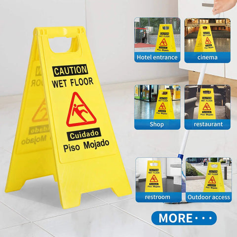 Wet Floor Sign Caution Foldable Double Sided Bilingual For Commercial Use Yellow 2 Pack Pool Area Safety Warning Signs