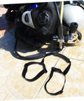 Hands Free Scuba Tank Strap Elastic Cylinder Band For Oxygen Tanks Practical Diving Accessory For Snorkeling Easy Install Adjustable Durable Gear To Keep Your Tank Secure And Close At Hand shown with scuba gear on tiled surface.