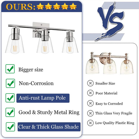 Chrome Three Light Vanity Light Fixture With Clear Glass Shades For Over Mirror, E26 Base, 60W Max, Wall Sconce For Bathroom, Bedroom Or Hallway, Farmhouse Style, Upward Or Downward Install, Sturdy Metal Frame