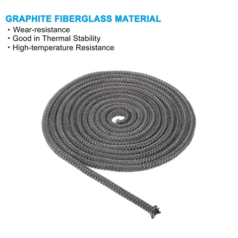 Graphite fiberglass stove gasket rope, 5/16 in x 197 in, braided round seal, black, rolled coil (front view)