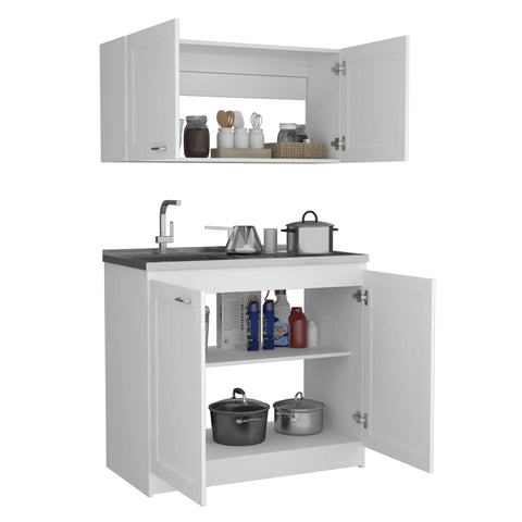 Slick White Two Piece Cabinet Set For Living Room Or Bedroom, showing upper shelf with jars and lower stand with pots and cleaning supplies.