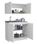 Premium White Two Piece Cabinet Set With Matching Countertops, featuring open upper shelves and storage below, ideal for kitchen use.