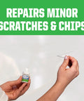Fast Dry Appliance Touch Up Paint With Specialty Brush Bottle For White Interiors Easy Fix Scratches On Metal Porcelain And Enamel Appliances Durable Acrylic Lacquer Finish Dries To Touch In Minutes Covers A Quarter To A Half Square Foot Per Bottle Pack shown in use with hand applying paint to surface scratch.