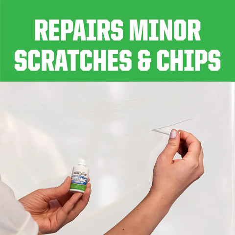 Fast Dry Appliance Touch Up Paint With Specialty Brush Bottle For White Interiors Easy Fix Scratches On Metal Porcelain And Enamel Appliances Durable Acrylic Lacquer Finish Dries To Touch In Minutes Covers A Quarter To A Half Square Foot Per Bottle Pack shown in use with hand applying paint to surface scratch.