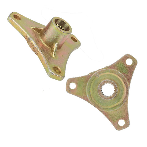 Heavy Duty Steel Alloy Rear Axle Hub Featuring Rock Solid 17T Spline Drive And Three Stud Setup For Off Road Quad Bike And Go Kart Builds With Golden Abrasion Resistant Coating Built Tough As Nails In A Pair - angled view