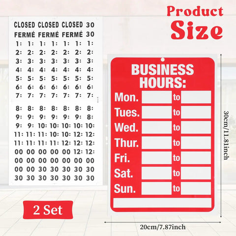 Two Piece Open Closed Sign Kit For Glass Doors And Windows In Bright Red And White with hours of operation sign and number stickers