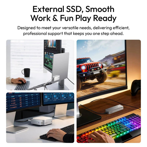 Heavy Hitting M2 Nvme Enclosure Delivering Legit 80Gbps Usb4 Speeds For Quick File Swaps, shown in workspace with monitors and hands typing.