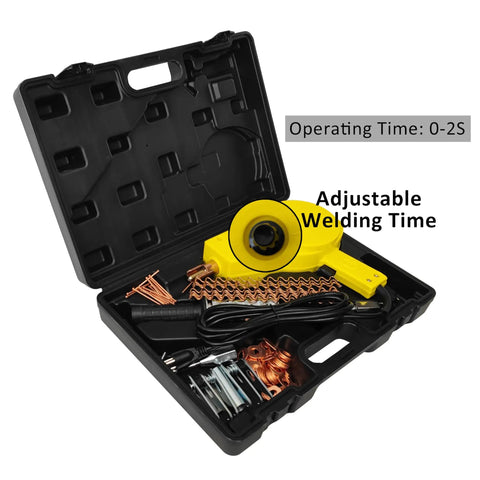 Portable Auto Body Dent Repair Kit With 110V Stud Welder For Thin Metal Panels Under 1mm Quick 0 To 2 Seconds Weld Time Spot Dent Puller Tool For Cars And Trucks in open black case.