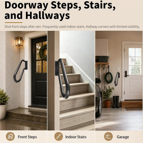 Rock Solid Heavy Duty Wall Mount Handrail For Outdoor Steps U Shaped Safety Railing mounted on front steps and indoor stairs.