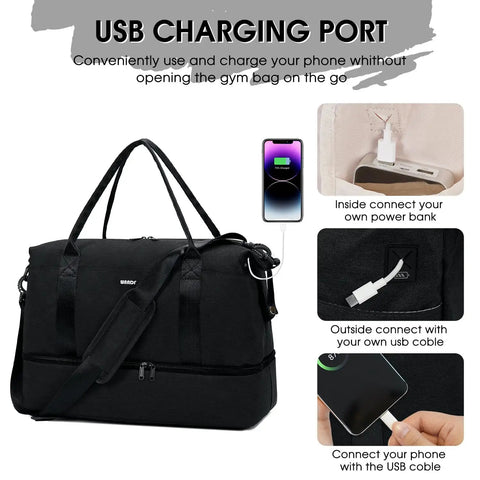 Underseat Personal Item Bag With USB Charging Port, Grab And Go 30L Travel Duffel showing charging feature and connectors