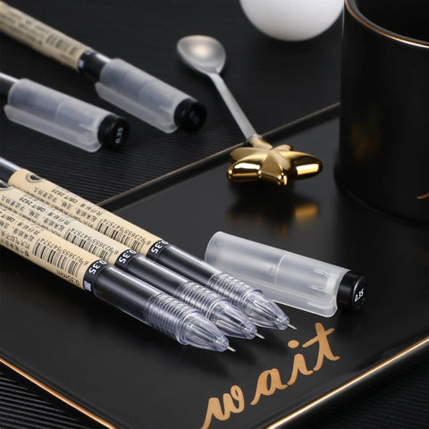 Close-up of 12 Pack 0.35mm Black Gel Ink Pens Extra Fine Point for Office and School Use on black tray