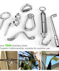 Outdoor String Light Hanging Kit With 250 Ft Nylon Coated 304 Stainless Wire Rope Turnbuckles And Hooks Easy Install All In One Guide Wire Set for garden and patio decoration, showing metal components and installation examples.