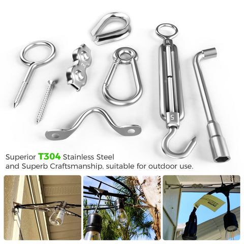 Outdoor String Light Hanging Kit With 250 Ft Nylon Coated 304 Stainless Wire Rope Turnbuckles And Hooks Easy Install All In One Guide Wire Set for garden and patio decoration, showing metal components and installation examples.